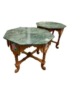Pair 19c Victorian Gothic Octagonal Walnut Tables - Image 1 of 4