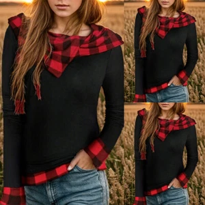 Women's Check Plaid Hooded T-Shirt Sweatshirt Casual Loose Pullover Tops Blouse - Picture 1 of 15