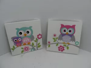 Cartoon Eulen Kunstdruck Holz hängend Wandbild Wohndeko Kinder 11,75 x 11,75 - Bild 1 von 7