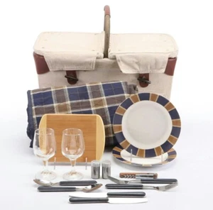 Picnic Time Pioneer Picnic Basket Beige Canvas With Leather Accents Serv. For 2 - Picture 1 of 10