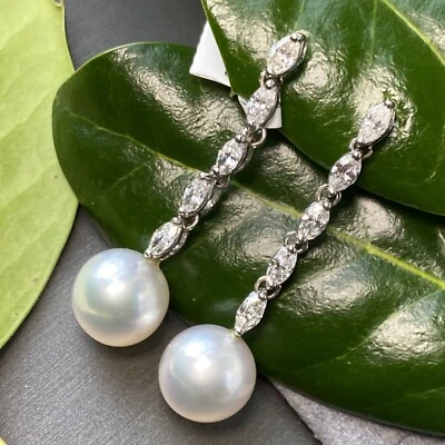 Platinum Marquise-Cut Diamond Pearl Drop Dangle Vintage Earrings 18K Gold Posts - Image 1 of 4