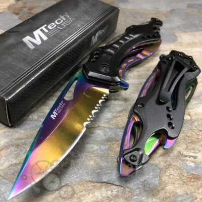 Navaja de bolsillo plegable manual de rescate táctico medio dentada MTech [arco iris] Foto 1 de 4
