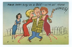 Mann mit Frauen farblos riskant Comic Art Humor Postkarte - Bild 1 von 2