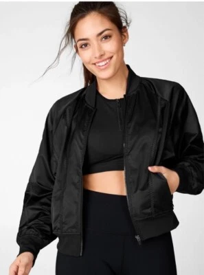 Fabletics Womens Tori Black Satin Bomber Jacket Size Large - Image 1 of 4