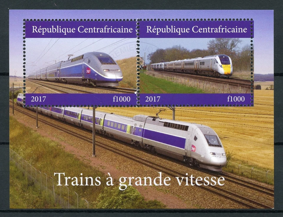Estampillas de ferrocarriles CTO 2017 de la República Centroafricana trenes de alta velocidad 2 V M/S I Foto 1 de 1