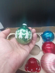Vtg Christmas Glass Ornament Green with White Painted Angels USA Made  3" + Seen - Picture 1 of 9