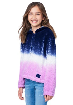 Justice Girls Sherpa Hoodie Blue 12/14 Dip Tie Dye Quarter Zip Pockets Logo - Image 1 of 4