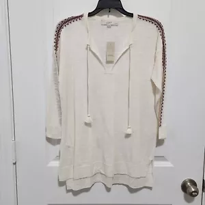 Maglione tunica Loft Petite donna XSP avorio ricamato nappe manica 3/4 - Foto 1 di 8