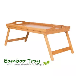 Bamboo Tray Wooden Bed Tray With Handles Folding Leg Serving Breakfast Lap Table - Picture 1 of 11