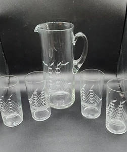 VTG Javit Hand Crystal Clipper Ship Pitcher & Glasses Japan Rare Etched EUC - Picture 1 of 11