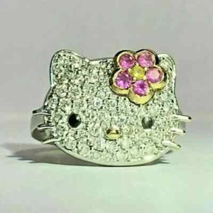 2Ct Round Cut Lab Created Diamond Women's Hello Kitty Ring 14K White Gold Plated - Picture 1 of 5