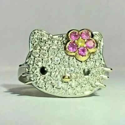 2Ct Round Cut Lab Created Diamond Women's Hello Kitty Ring 14K White Gold Plated - Image 1 of 4