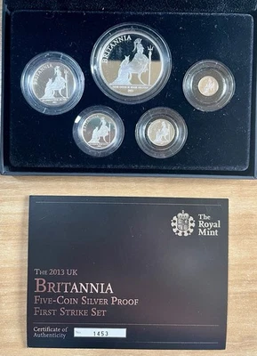 2013 UK Brittania 5 Coin 0.999 Silver Proof First Strike Set OGP COA 1 of 1500! - Image 1 of 4
