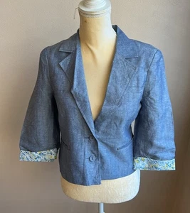 Forever 21 Womens Blue Chambray Blazer Sz M Floral Trim Linen Blend 3525 - Picture 1 of 2