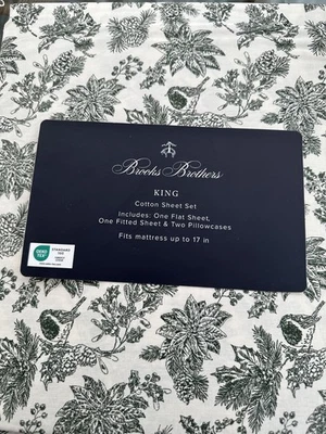 Brooks Brothers King  Sheet Set 4pc Holiday  Poinsettia  Cream & Green, New - Image 1 of 2