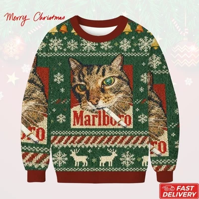 2025 Christmas! Marlboro Smoking Cat Funny Meme Ugly Christmas Sweater - Image 1 of 3