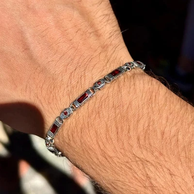 925 Sterling Silver Ruby Hand-Engraved Bracelet, Byzantine Chain Link Bracelet - Image 1 of 4