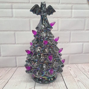 Halloween Titanio Nero Albero Viola Luci Pipistrello Albero Topper Ceramica Alto 9" - Foto 1 di 4