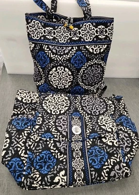 2 Vera Bradley Canterberry Cobalto Bolso de Mano y Grande Bolso de Mano con Cierre Giratorio Cremallera Usado en Excelente Condición Foto 1 de 4