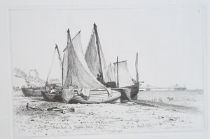 FISHING BOATS on Brighton Beach - 1829 Original Etching Print by E.W. Cooke - Picture 1 of 2