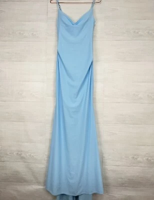 La Femme Long Formal Evening Dress Size 8 Drape Neck Jersey Cloud Blue Wedding - Image 1 of 4