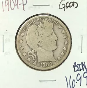 Medio dólar de plata barbero 1909-P ~ bueno - Imagen 1 de 2