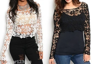 Top Cuello Barco Malla Suelto Abierto Floral Crochet Recortado Manga Larga S M L - Imagen 1 de 5