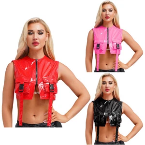 Damen Wetlook Crop Top Pu Leder Bauchfrei Oberteil Unterhemd Weste Bikerjacke - Picture 1 of 42