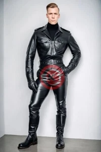 MEN'S GENUINE COWHIDE LEATHER CATSUIT OVERALL BODYSUIT JUMPSUIT BLACK - Picture 1 of 3