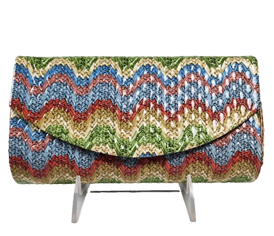 Bolsa de embreagem Chevron colorida revestida de plástico palha aparência tiracolo Estate Find - Imagem 1 de 4