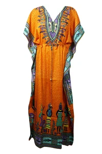 Orange Tribal Print Maxi Kaftan Resort Wear Holiday Beach CoverUp Loose Dress 3X