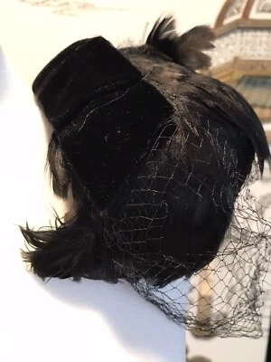 Vintage Feathered Fascinated Hat With Netting, Velvet Bow - Image 1 of 4