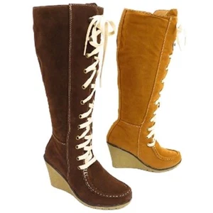 Womens Brown knee length high zip lace faux suede boots - Picture 1 of 1