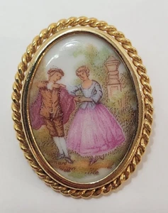 SCHÖNE VINTAGE BEMALTE TRANSFER LIMOGES FRANKREICH PORZELLAN ANSTECKNADEL BROSCHE - Bild 1 von 5