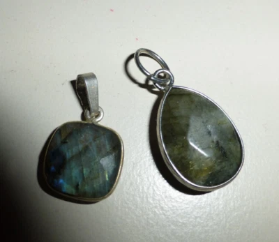 2 x facettiert glatt silber Anhänger Öse gefasst grau blau Edelstein Labradorit - Bild 1 von 4