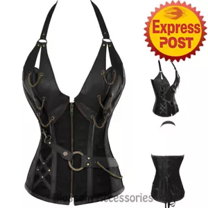 CC79 Steampunk Boned Halter Corset Black PU Leather Gothic Halloween Costume Top - Picture 1 of 4