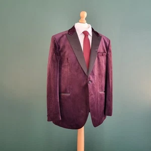M&S Velvet Tuxedo Blazer Men's 46R Burgundy Slim Fit Peak Lapel Dinner Jacket - Picture 1 of 11