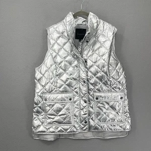 Talbots Quilted Down Puffer Vest Womens XL Silver Metallic Glam Chic Zip Warm - Picture 1 of 11