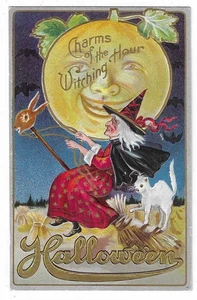 Halloween Postkarte "Charme der Hexenstunde" weiße Katze - Bild 1 von 2