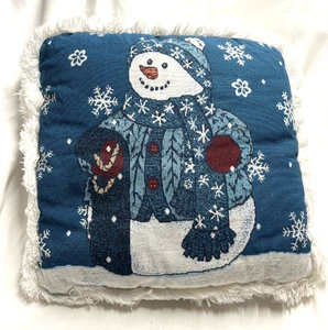 16" Square Snowman Holiday Pillow- Blue Back - Picture 1 of 3