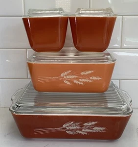 VTG Pyrex Autumn Harvest Wheat Refrigerator Dish Set 501 502 503 Brown 70s - Picture 1 of 24