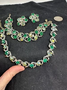 Necklace 14/16" Bracelet 7" Earrings Clip-On Green AB BSK Vintage Silver M-6942 - Picture 1 of 7