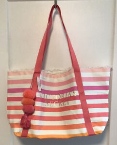 NWT Victoria’s Secret Canvas Ombre Pink White Stripe Pom Pom Weekender Bag Tote