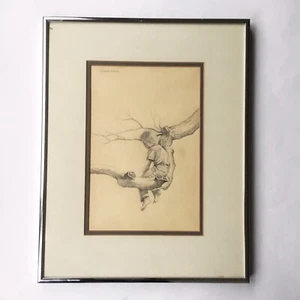 Michael Martin Graphite Pencil Drawing Boy in Tree Framed Matted Art Signed - Picture 1 of 12
