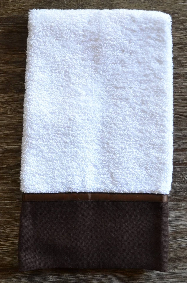 Mike and Ally White & Chocolate Brown Cotton Terry & Linen Hand Towel - Image 1 of 1