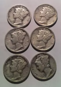 Monedas de diez centavos Mercury: 1934 - 1939 Philadelphia --6 monedas-- (10B-130) - Imagen 1 de 4