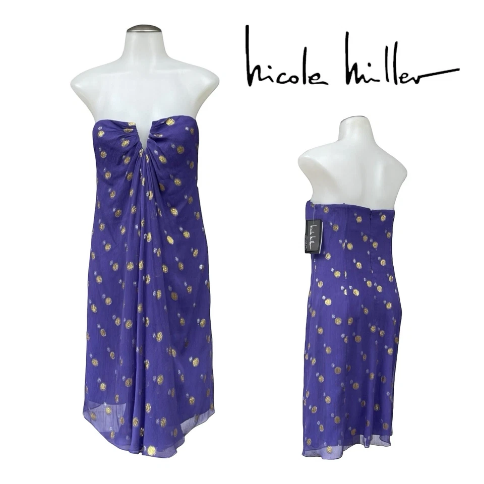 NICOLE MILLER Womens 4 Short Silk Dress Flowy Cocktail Party Metallic NWT CC0120 - Image 1 of 4