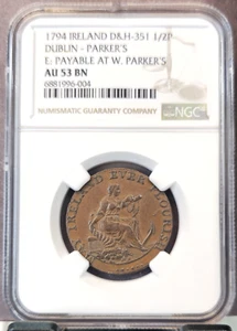 1794 IRELAND 1/2 PENNY D&H 351 DUBLIN W PARKERS NGC AU 53 BN RARE - Picture 1 of 3