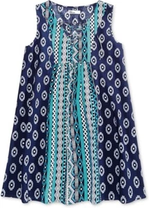 Epic Threads Girls Geo-Print Lace-Up Dress Medieval Blue Med 54-56" 63-74LBS $42 - Picture 1 of 3