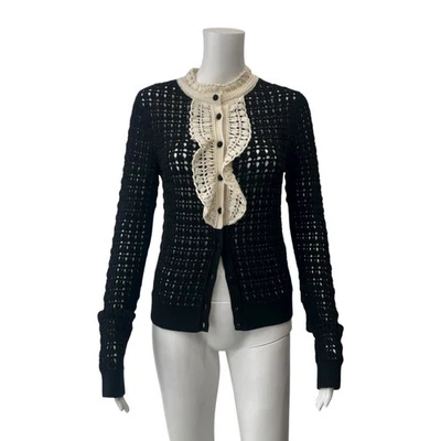 Red Valentino Black Ivory Crochet Knit Slim Wool Cardigan Sweater Size Small - Image 1 of 4